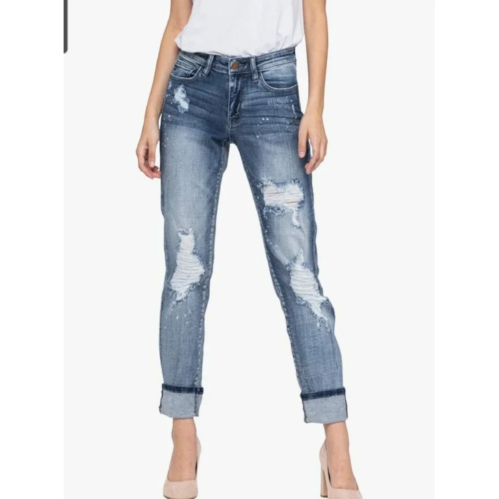 Judy Blue Boyfriend Fit Splatter Paint Ripped Jeans Stretch Women 5/27 Mid Rise - Picture 2 of 12